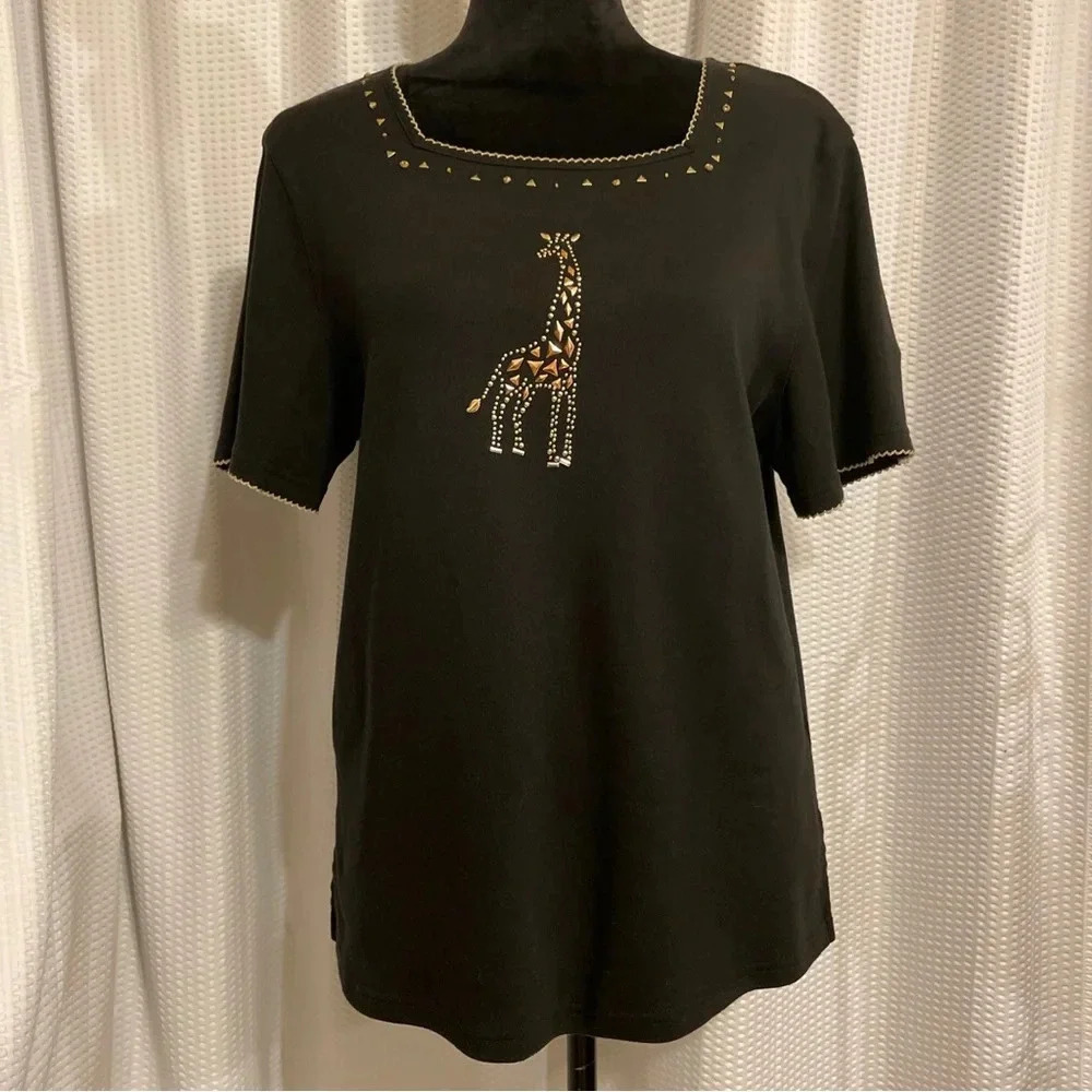 Black Embroidered Trim Short Sleeve Blouse Beaded Giraffe Size Petite Medium